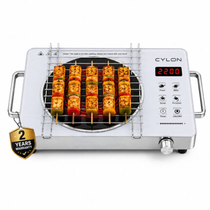 CYLON InfraBlaze 2200W Infrared Cooktop Stove with Grill Rack, Crystal Glass Top, Digital Display, Touch Control, Compatible with All Cookware, Infrared Hot Plate, Silver